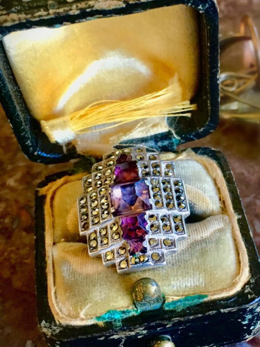Classic Sterling Uncas Deco Amethyst Glass & Marcasite Silver Ring Antique